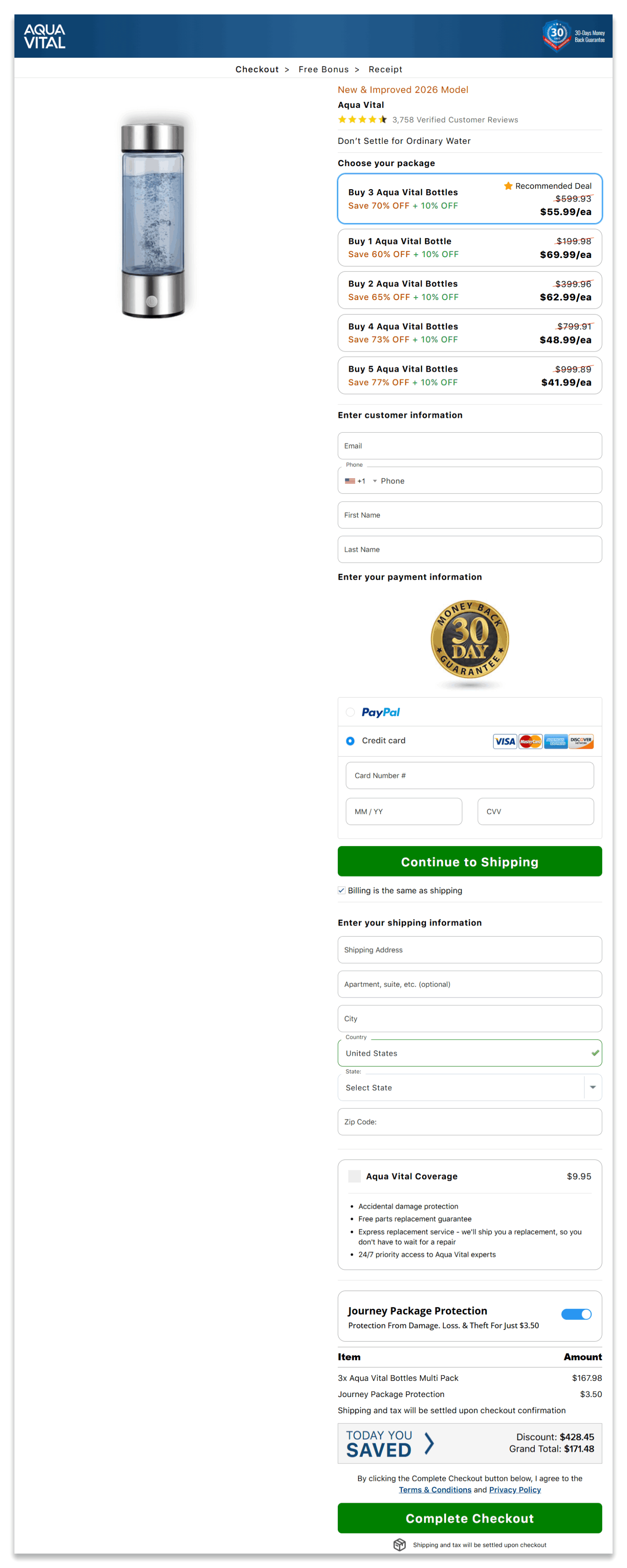 Aqua Vital secure checkout page